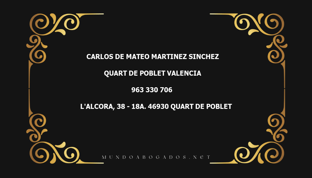 abogado Carlos De Mateo Martinez Sinchez en la localidad de Quart de Poblet