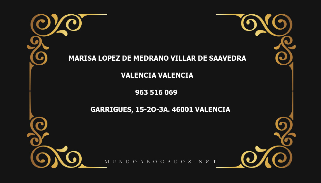 abogado Marisa Lopez De Medrano Villar De Saavedra en la localidad de Valencia